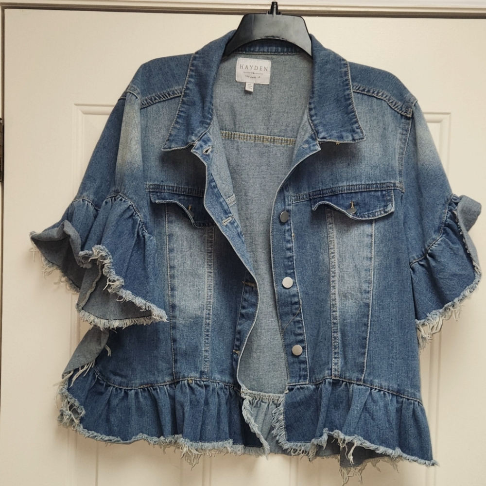 Hayden Distressed Ruffle Hem Blue Denim Jean Jacket